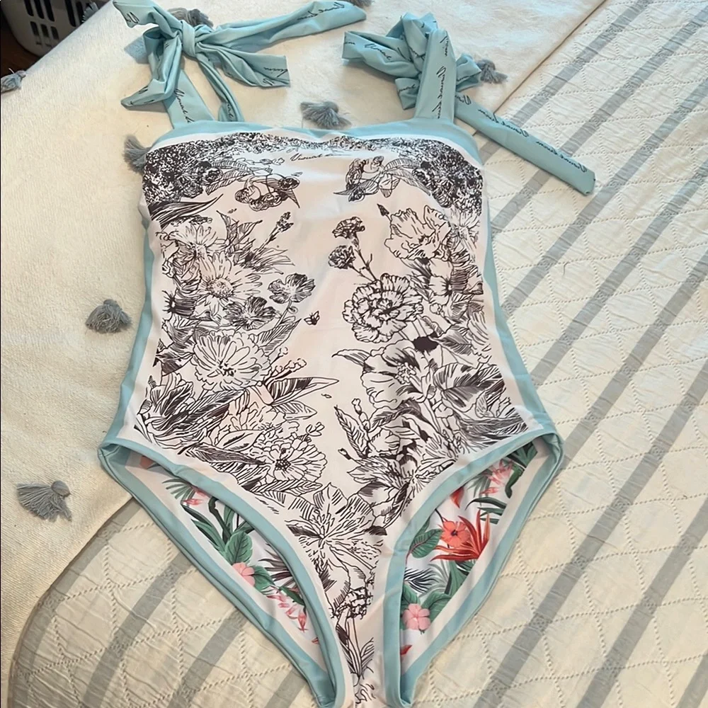 Reversible One-Piece Swimsuit with Blue Trim - Picture 5 of 8